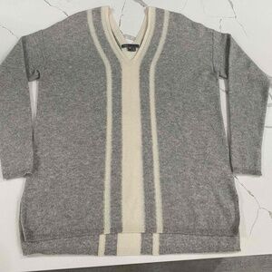 Vince Cashmere Gray Cream Women Oversized Double V-Neck Long‎ Sleeved Sweater XS